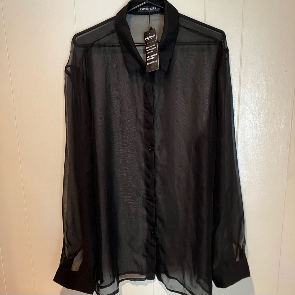 Incerun Men's Black Sheer Casual Button Down Shirt NWT 3XL